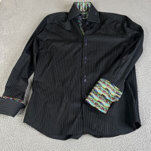 Coogi Classic Shirt Mens Large 16 32/33 Black Stripe Square Buttons Flip Cuff